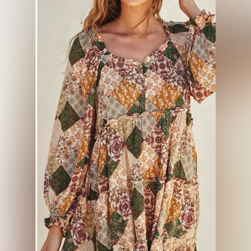 NWT Boho Patchwork Mini Dress | Paisley Diamond Print | Green Multi